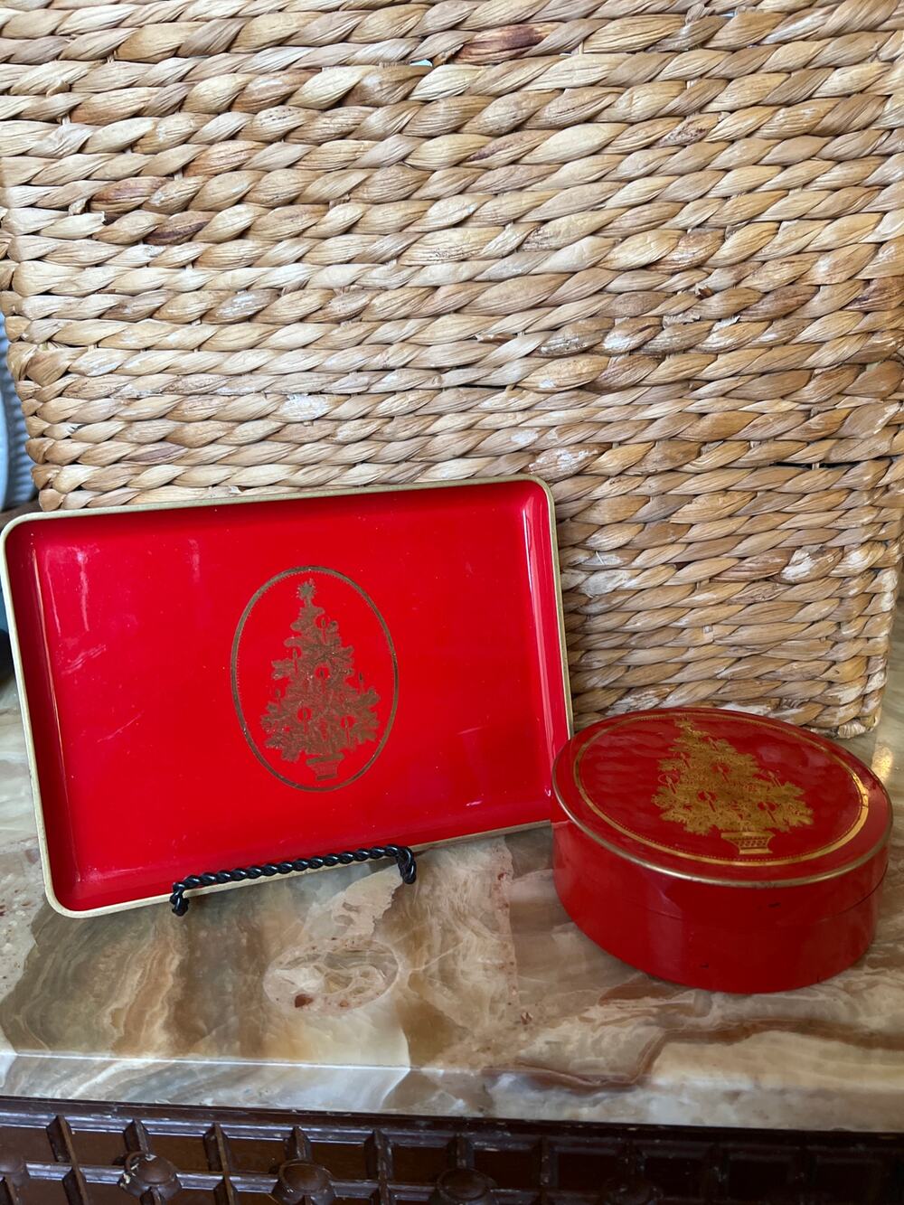 Otagiri made in Japan: Gold & Red Christmas Tree Coasters & Tray